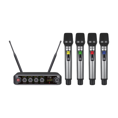 Chord XU4-H quad handheld UHF wireless microphone system with dual-antenna receiver and four handheld transmitters on a white background.
