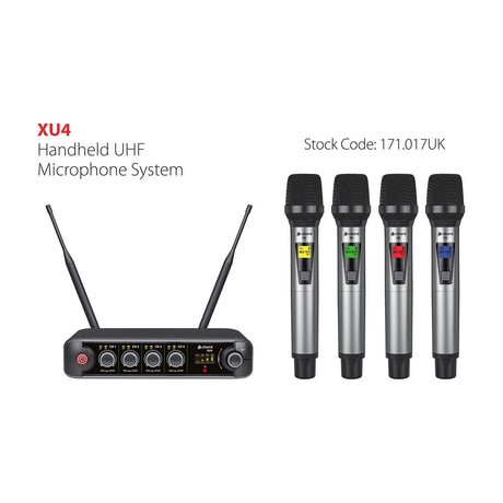 Chord XU4-H Quad Handheld UHF Wireless Microphone System with dual-antenna four-channel receiver and four handheld microphones on white.