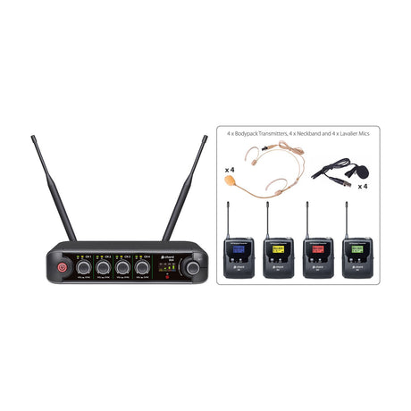 Chord XU4-B quad UHF wireless microphone receiver with dual antennas shown alongside four bodypack transmitters, headset and lavalier mics.