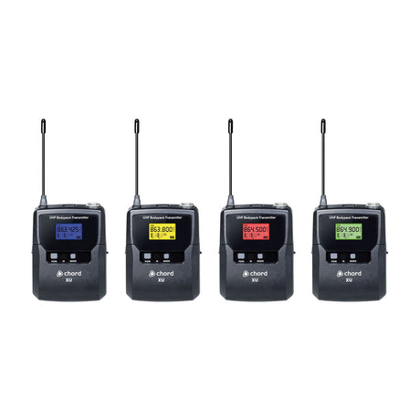 Chord XU4-B four UHF bodypack transmitters with antennas and blue, yellow, red and green backlit LCD displays on a white background.