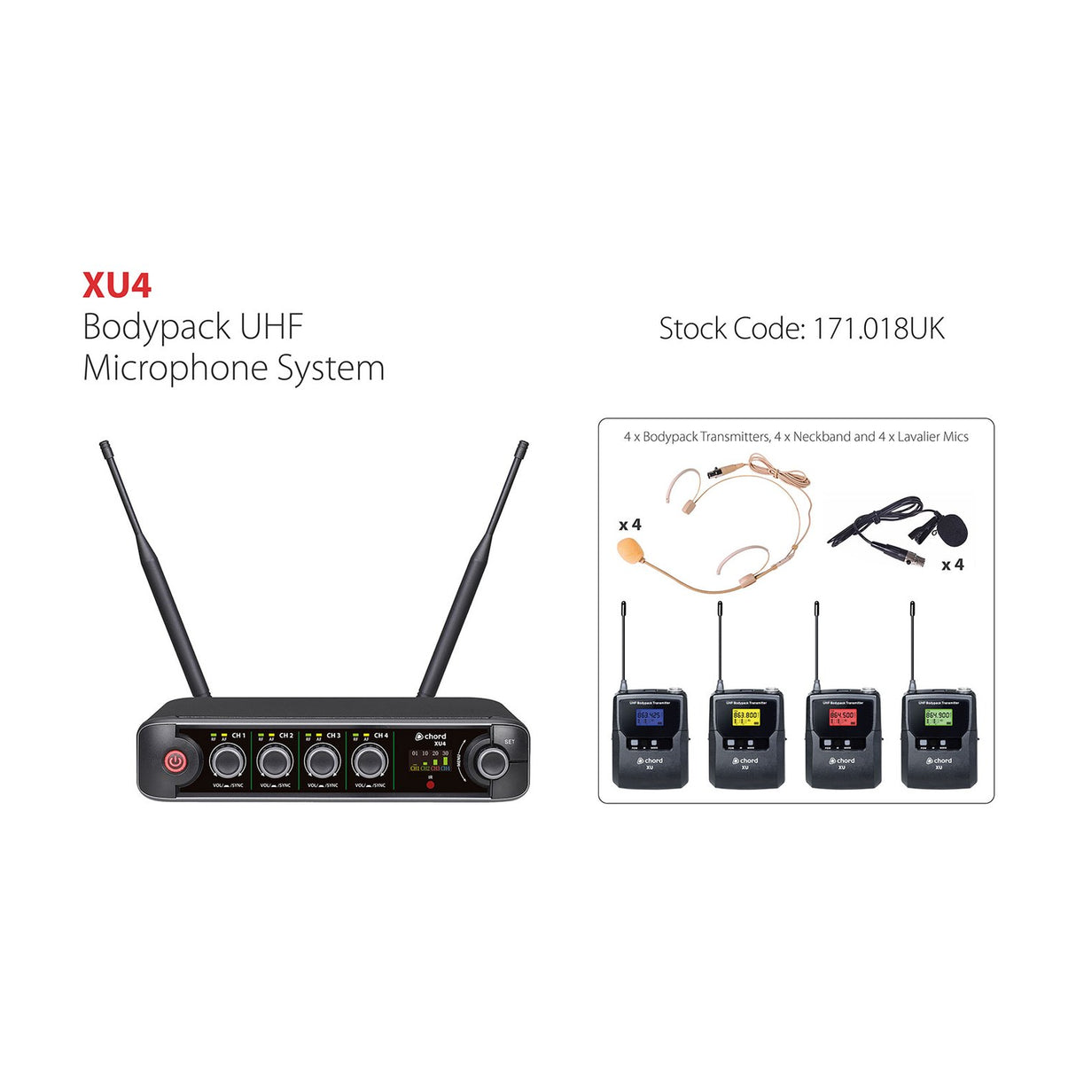 Chord XU4-B Quad Bodypack UHF Wireless Microphone System