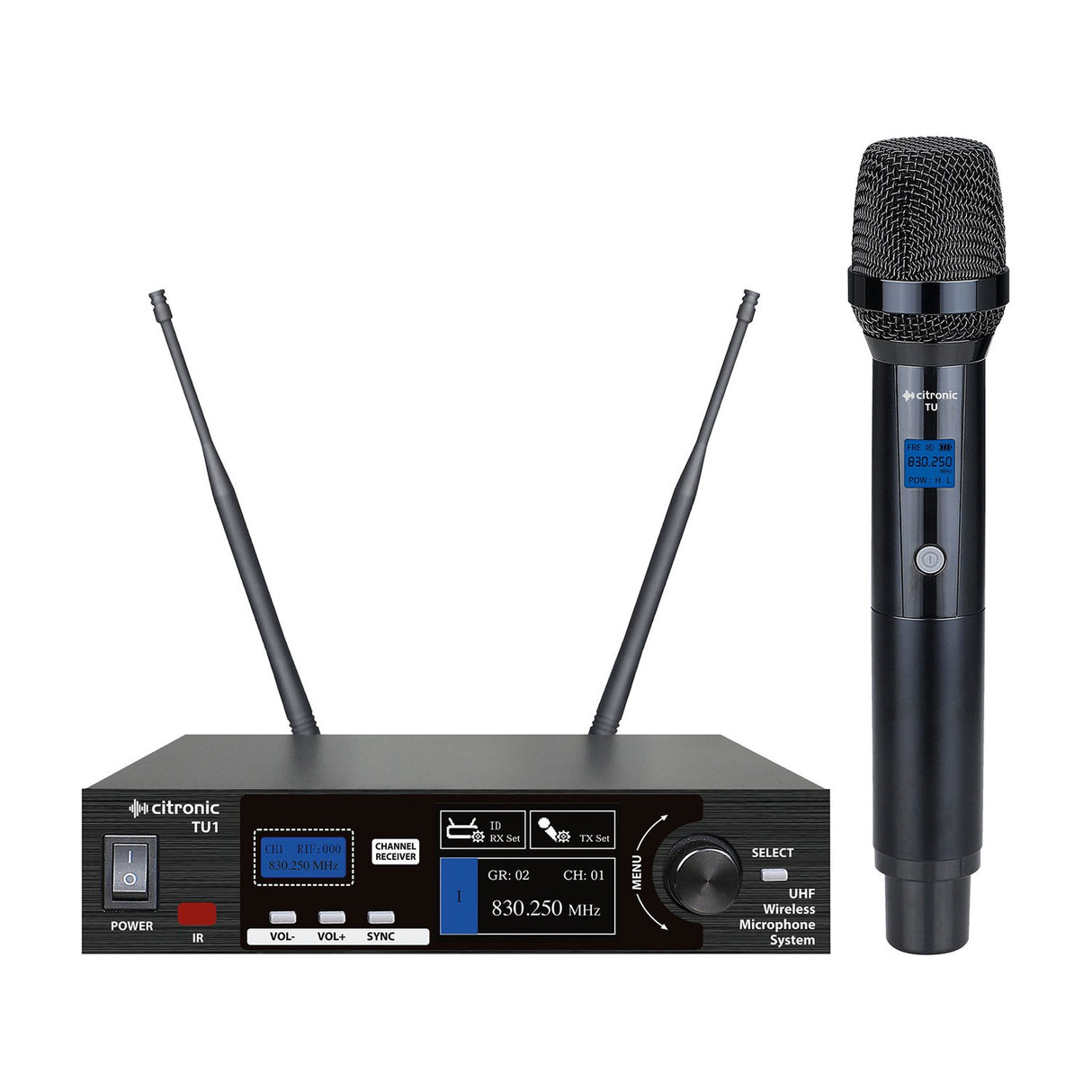 Citronic TU1-H UHF wireless microphone system with black rack receiver, twin antennas, TFT display, and handheld dynamic mic on a white background.