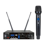 Citronic TU1-H UHF wireless microphone system with black rack receiver, twin antennas, TFT display, and handheld dynamic mic on a white background.