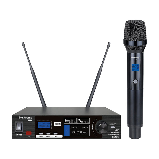 Citronic TU1-H UHF wireless microphone system with black rack receiver, twin antennas, TFT display, and handheld dynamic mic on a white background.