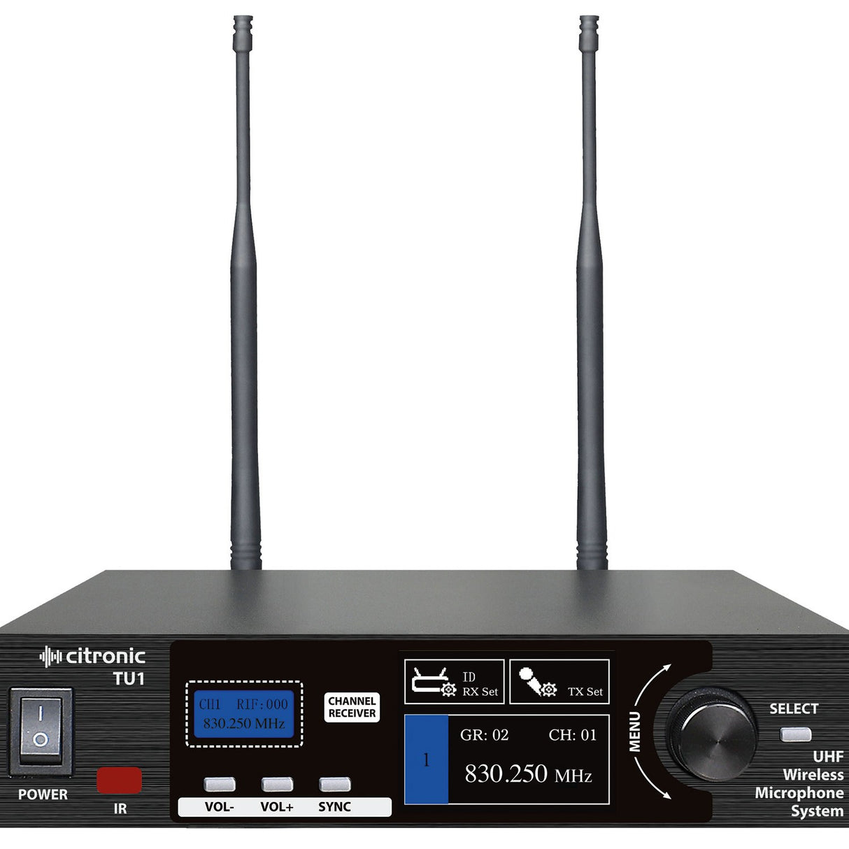 Citronic TU1 UHF wireless microphone receiver with twin upright antennas, front TFT display showing 830.250 MHz, power switch and rotary menu control.