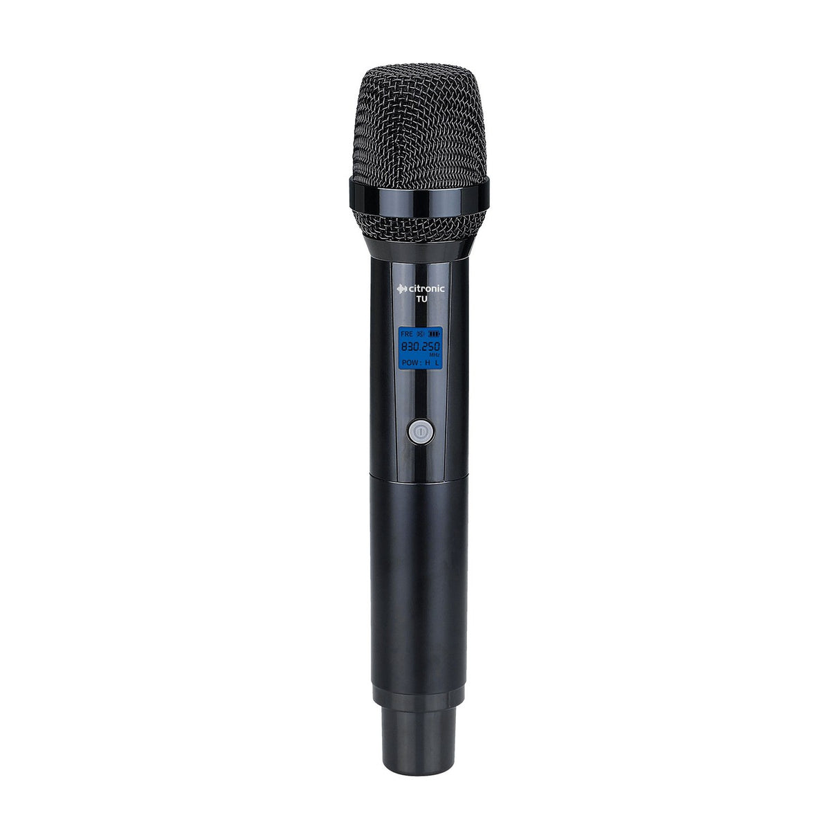 Citronic TU1-H handheld UHF wireless microphone with black metal mesh grille, LCD frequency display, and power button, shown on a plain white background.