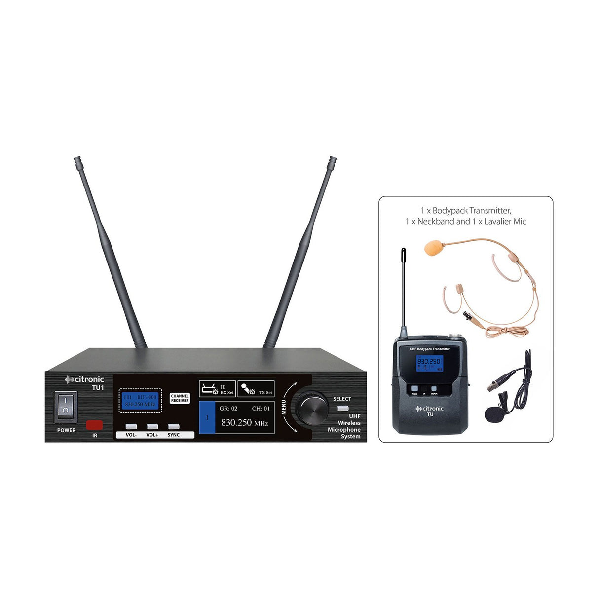 Citronic TU1-N UHF wireless microphone system receiver with twin antennas, shown with bodypack transmitter, neckband and lavalier mics on white.