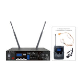 Citronic TU1-N UHF wireless microphone system receiver with twin antennas, shown with bodypack transmitter, neckband and lavalier mics on white.