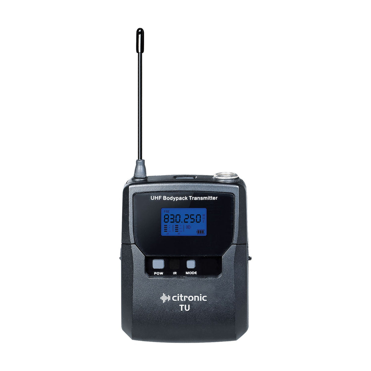 Citronic TU1-N UHF bodypack transmitter in black with extended antenna, blue backlit display showing 830.250 MHz, and POW, IR and MODE buttons.