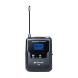 Citronic TU1-N UHF bodypack transmitter in black with extended antenna, blue backlit display showing 830.250 MHz, and POW, IR and MODE buttons.
