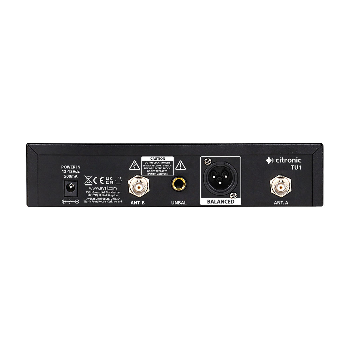 Rear panel of the Citronic TU1-N UHF wireless microphone receiver with DC power input, two BNC antenna connectors, unbalanced jack and balanced XLR output.