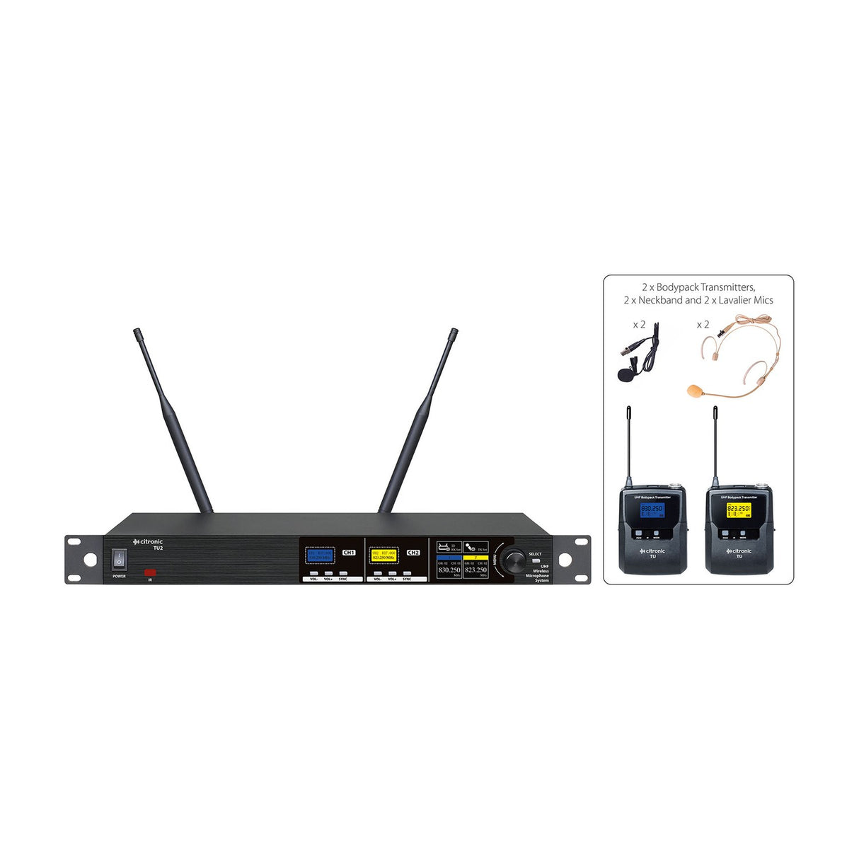 Citronic TU2-N dual UHF wireless rack receiver with twin antennas, alongside two bodypack transmitters, neckband and lavalier microphones.