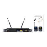 Citronic TU2-N dual UHF wireless rack receiver with twin antennas, alongside two bodypack transmitters, neckband and lavalier microphones.