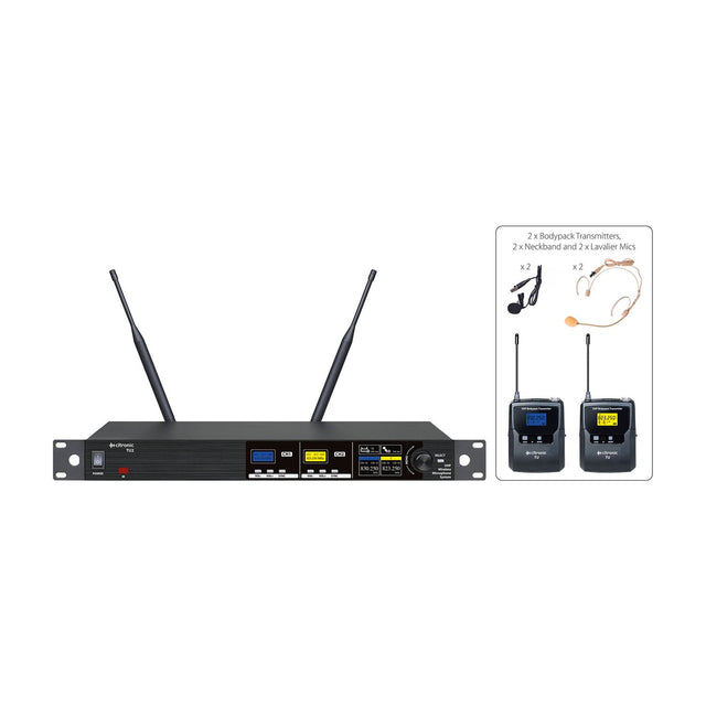 Citronic TU2-N dual UHF wireless rack receiver with twin antennas, alongside two bodypack transmitters, neckband and lavalier microphones.
