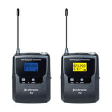 Citronic TU2-N UHF bodypack transmitters with extended antennas, blue and yellow backlit displays, and POW, IR, MODE buttons on a white background.