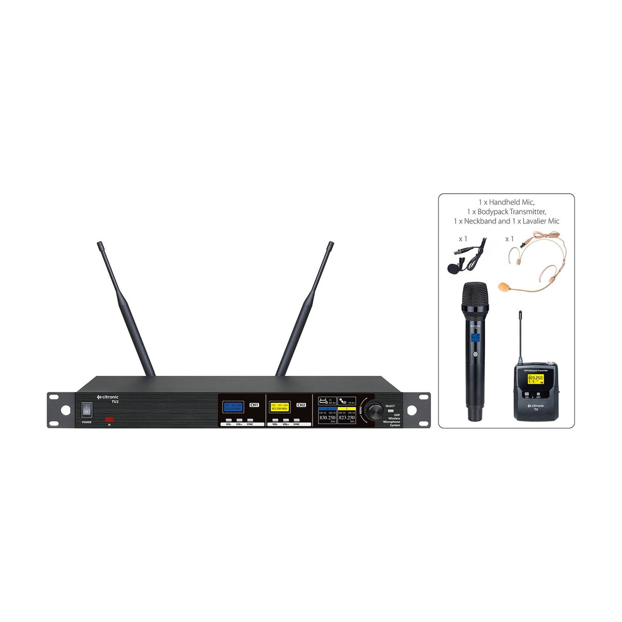 Citronic TU2-C dual UHF wireless microphone system rack receiver with twin antennas, handheld mic, bodypack transmitter, neckband and lavalier mic.
