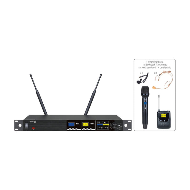 Citronic TU2-C dual UHF wireless microphone system rack receiver with twin antennas, handheld mic, bodypack transmitter, neckband and lavalier mic.