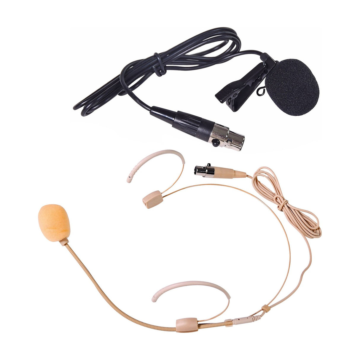 Citronic TU2-C wireless microphone system accessories showing a black lavalier clip-on mic and a beige headset microphone, both with mini XLR connectors.