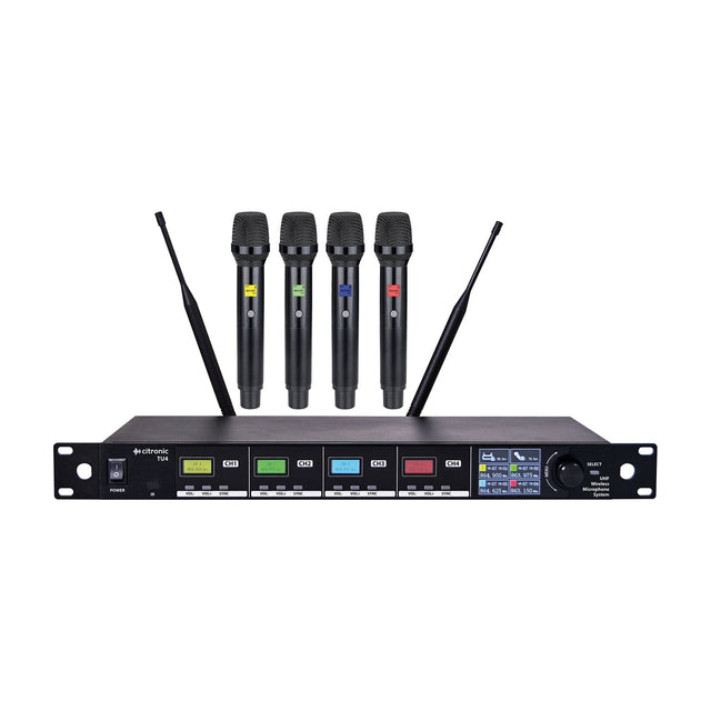 Citronic TU4-H quad UHF wireless microphone system with rack-mount receiver, colour channel displays, twin BNC antennas and four handheld mics.