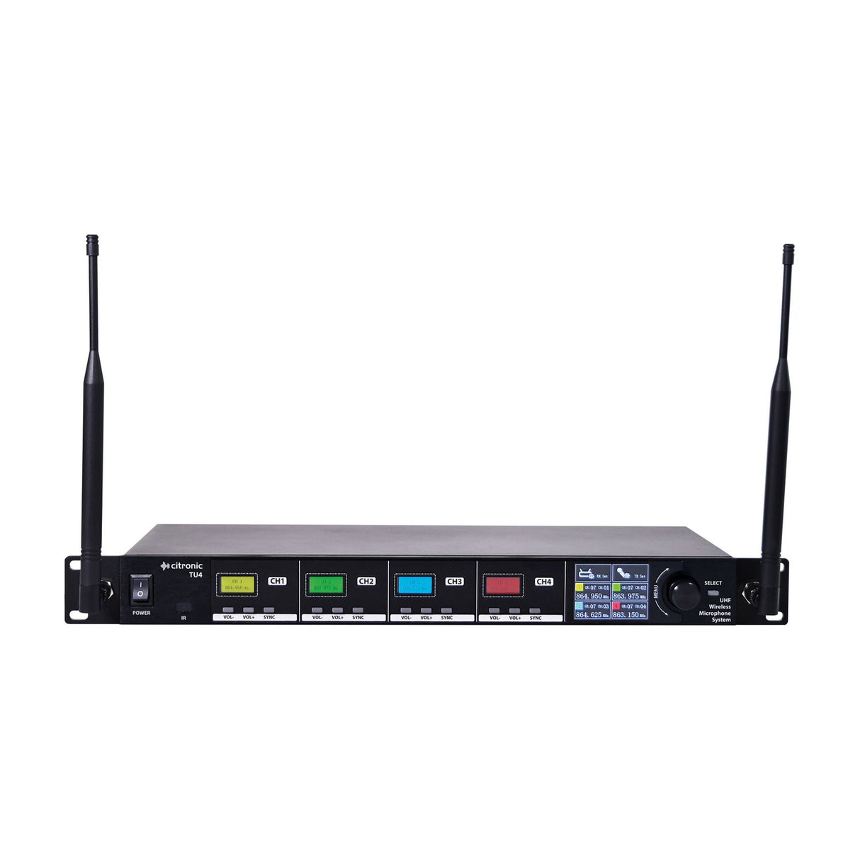 Citronic TU4-H quad UHF wireless microphone receiver with four colour channel displays, rotary encoder, TFT screen and twin BNC antennas.