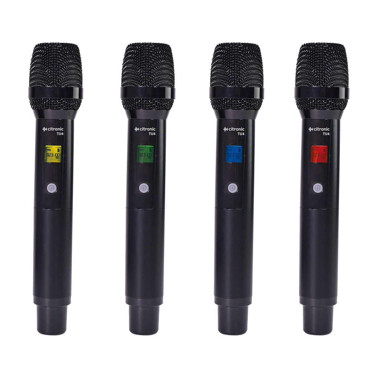 Citronic TU4-H quad UHF handheld wireless microphones with black metal grilles and yellow, green, blue and red backlit displays on a white background.