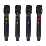 Citronic TU4-H quad UHF handheld wireless microphones with black metal grilles and yellow, green, blue and red backlit displays on a white background.