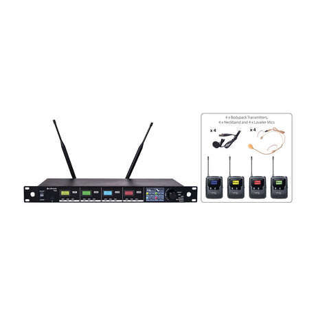 Citronic TU4-N quad UHF wireless microphone system with rack receiver, twin antennas, four bodypack transmitters, lavalier and neckband mics.