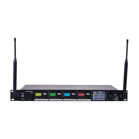 Citronic TU4-N quad UHF wireless microphone system receiver with four backlit channel displays, colour TFT screen, rotary encoder and twin BNC antennas.