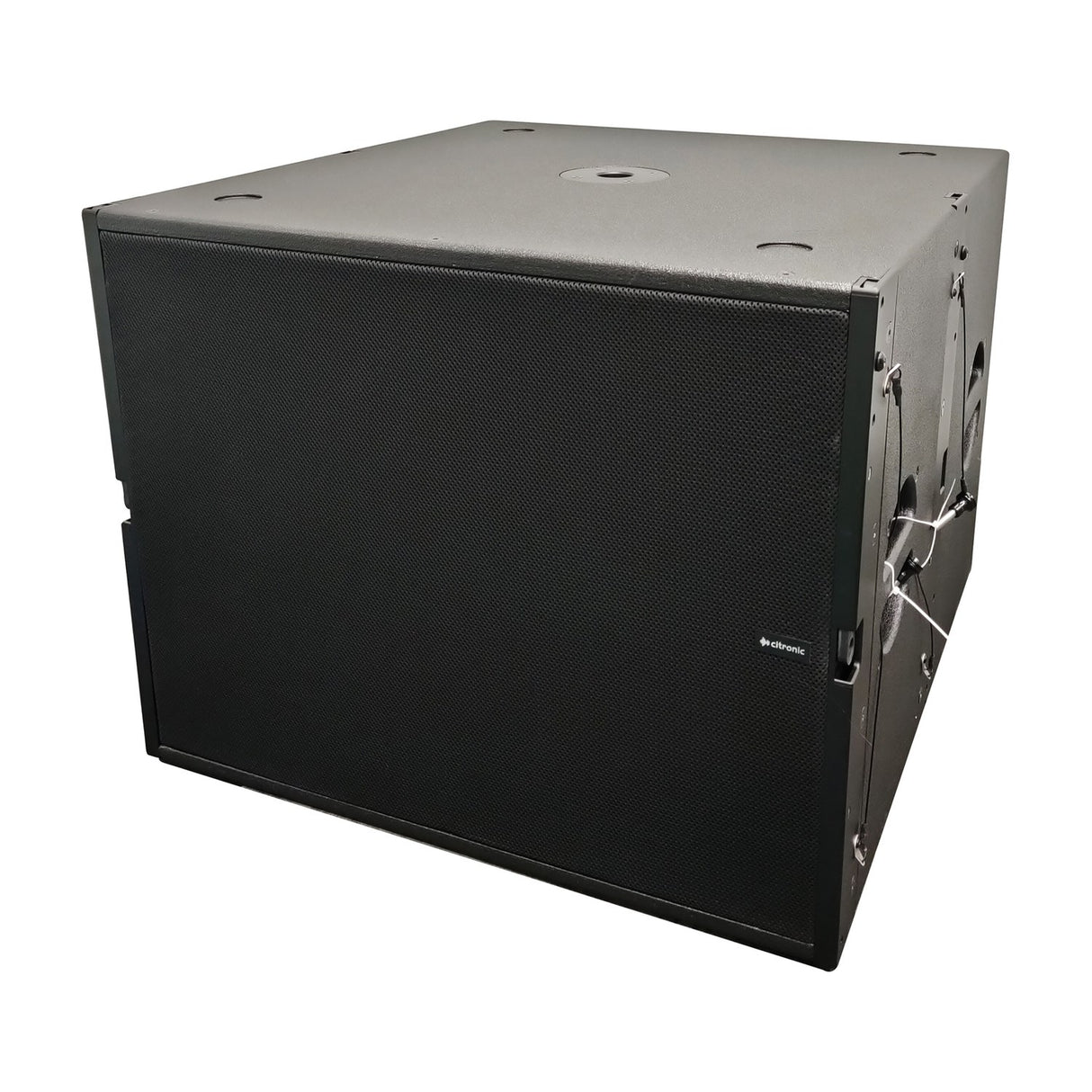 Citronic C-118S 18" 1000W active line array subwoofer by AVSL, black plywood cabinet with textured finish, pole mount socket, and side rigging hardware.