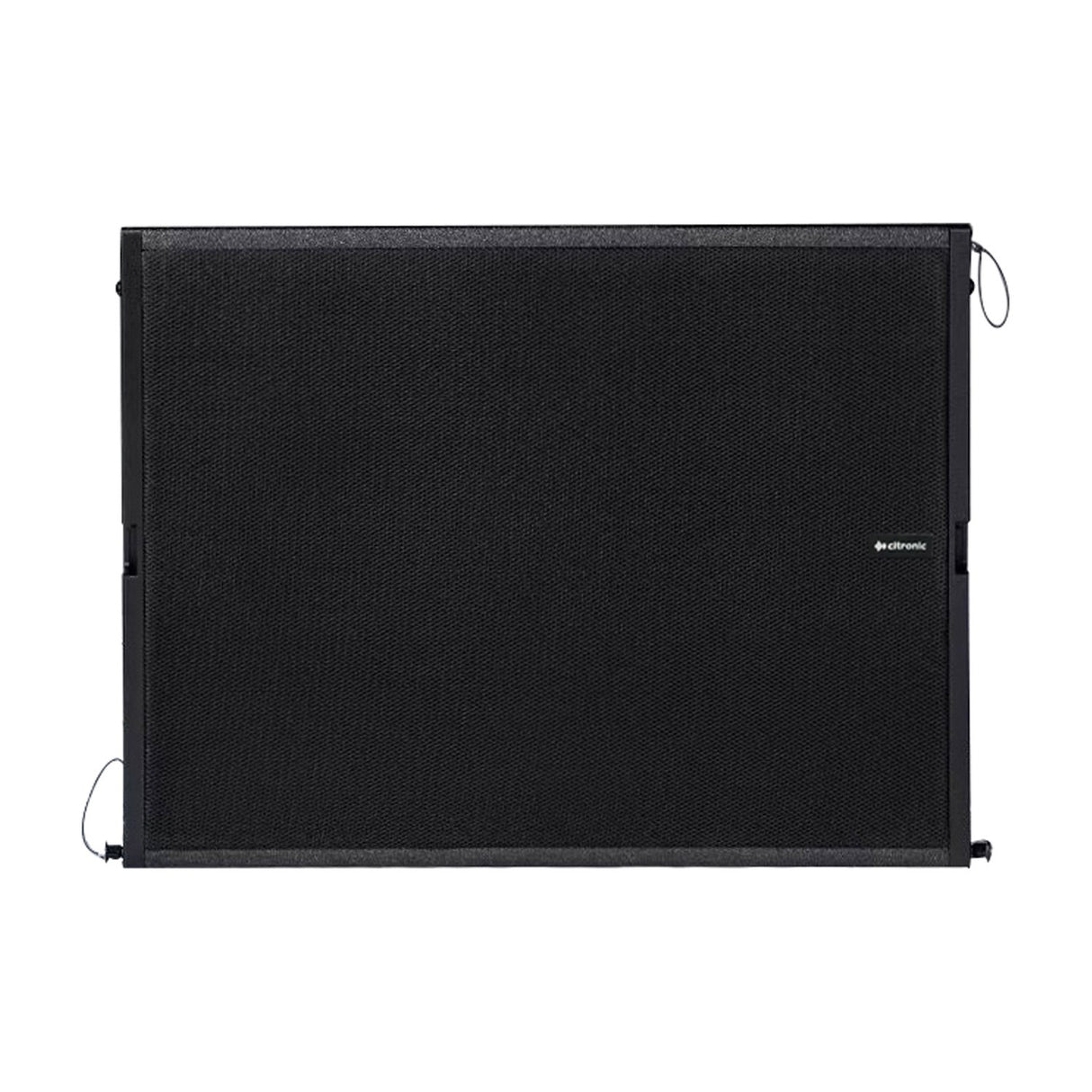 Citronic C-118S 18" active line array subwoofer with black polyurea-coated plywood cabinet, mesh grille and pinlock array hardware, front view on white.