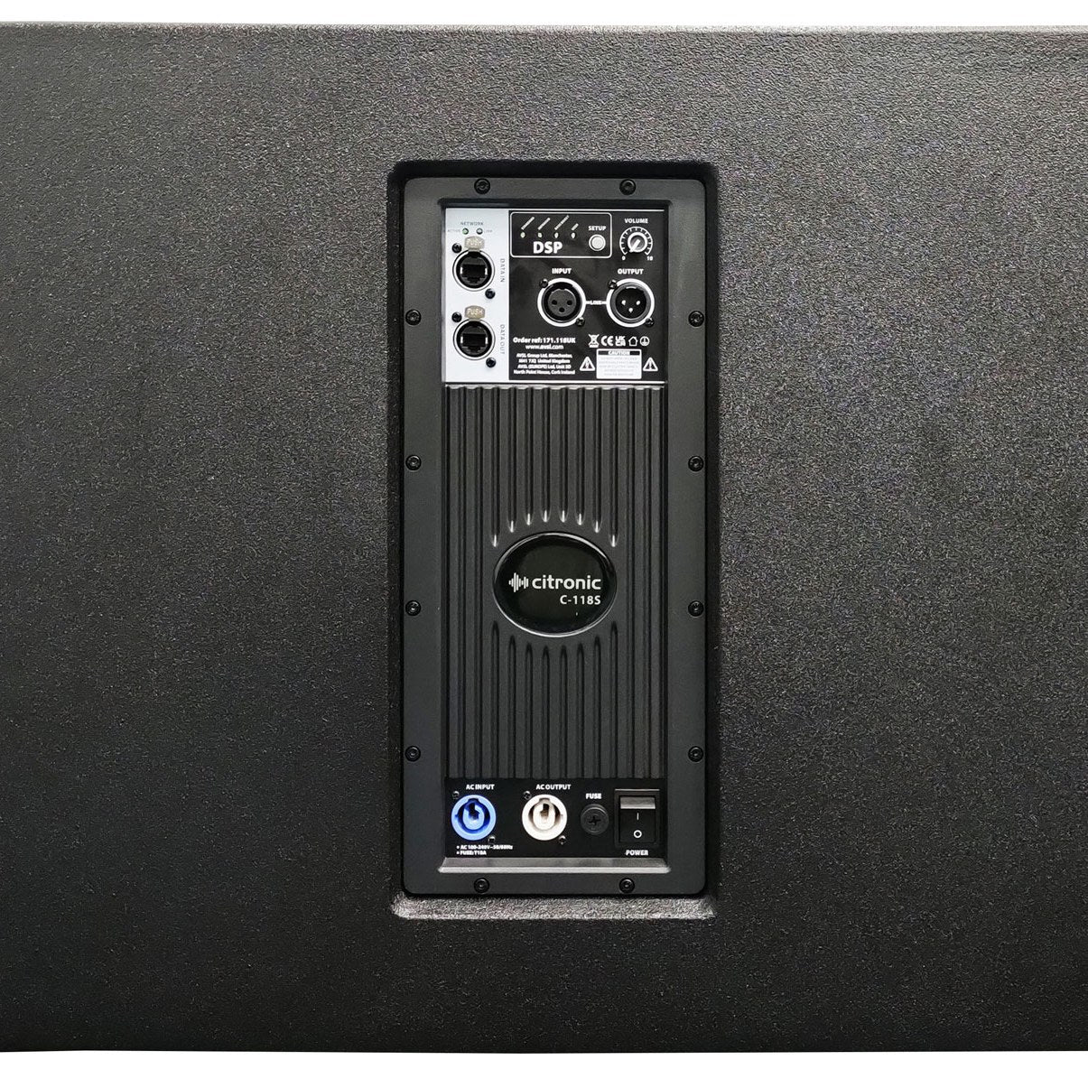 Rear amplifier panel of the Citronic C-118S active line array subwoofer with DSP controls, XLR input/output, network ports, and Powercon sockets.