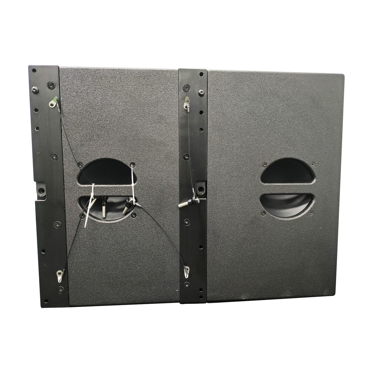 Citronic C-118S 18" active line array subwoofers by AVSL shown side by side with pinlock array hardware, carry handles and textured black finish.