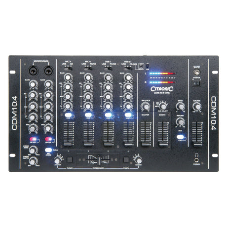 The Citronic CDM10:4 4 Channel USB Mixer is a sleek black DJ mixer featuring USB connectivity, four channels, and multiple knobs and sliders. It is adorned with labels such as Citronic and CDM10:4, offering controls for microphones and audio channels. LED indicators illuminate its right side.