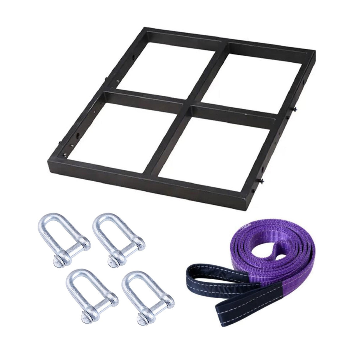 Citronic C-Rig powder-coated steel flying frame with four-square grid, shown with four D-shackles and a purple lifting strap on a white background.