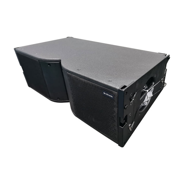Citronic C-208 active line array cabinet with dual 8" drivers, HF ribbon tweeter, black polyurea-coated plywood enclosure, and side rigging hardware.