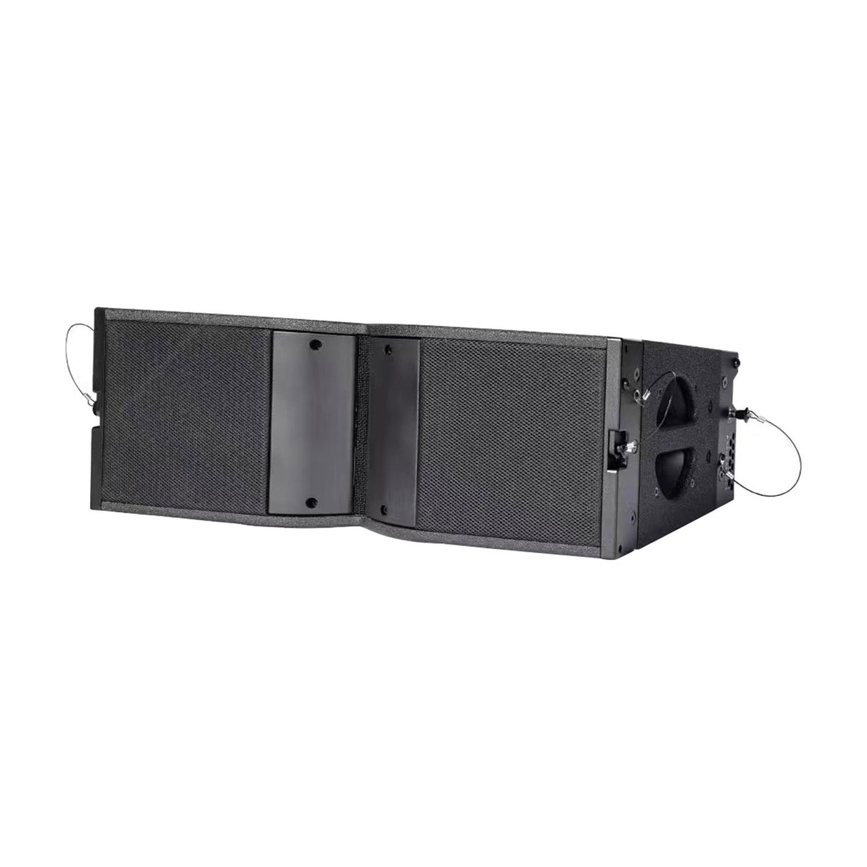 Citronic C-208 active line array cabinet by AVSL shown at an angle with dual 8" drivers, HF ribbon tweeter grille, side handles and rear ports.