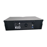 Rear view of the Citronic C-208 active line array cabinet showing the DSP amp panel with XLR input/output, data ports, Powercon in/through, and power switch.
