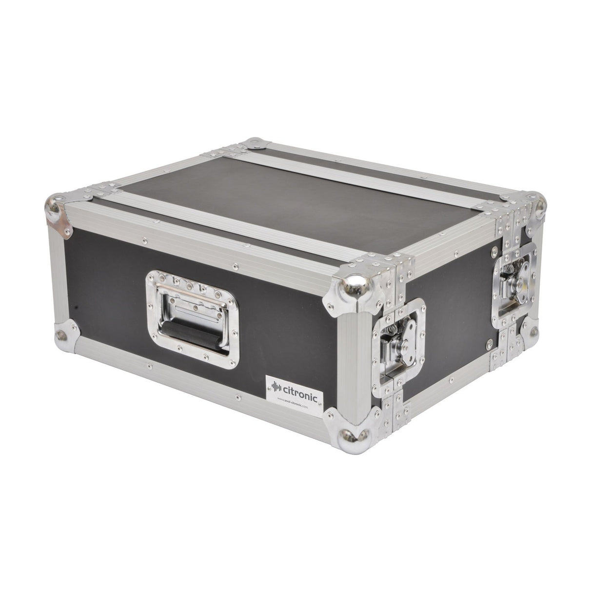 Citronic RACK:4S 4U shallow 19" flightcase in black vinyl plywood with silver metal corners, side handle and latches, on a white background.