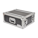 Citronic RACK:4S 4U shallow 19" flightcase in black vinyl plywood with silver metal corners, side handle and latches, on a white background.