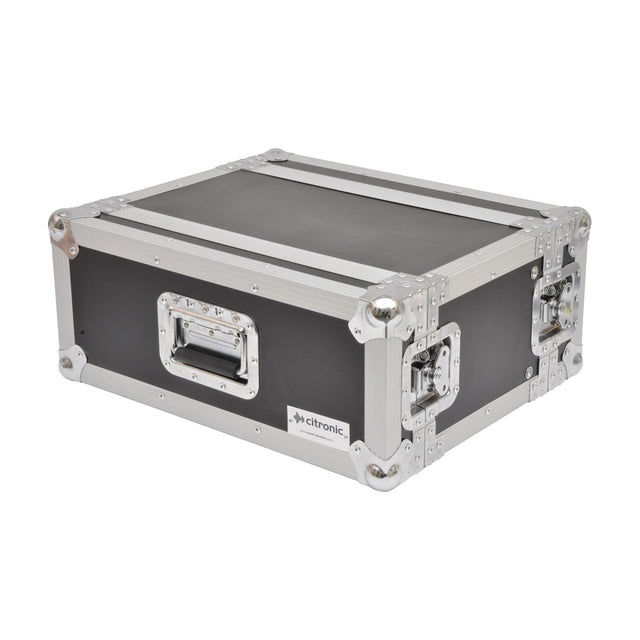 Citronic RACK:4S 4U shallow 19" flightcase in black vinyl plywood with silver metal corners, side handle and latches, on a white background.