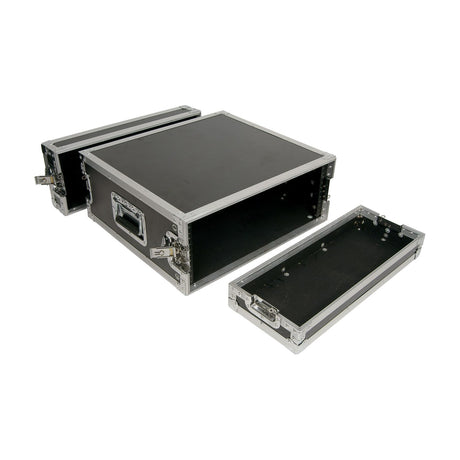 Citronic RACK:4U 19" 4U plywood equipment flightcase by AVSL with removable front and rear lids, side handles and metal corner protection, on white.