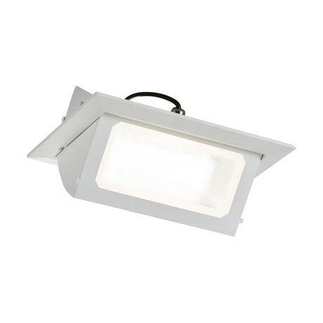 The SARA LED Recessed Tri-Wattage CCT DALI Wallwasher offers a rectangular recessed ceiling fixture with a stylish white frame, ideal for contemporary indoor lighting. Its adjustable, tilted mount allows for directional illumination and customizable power output for personalized brightness levels.