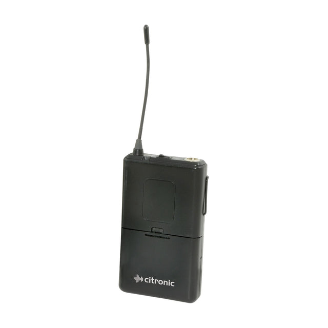 Citronic FLITE-BT-863.1 UHF beltpack transmitter in black plastic with extended antenna, belt clip and threaded 3.5mm jack, on a white background.