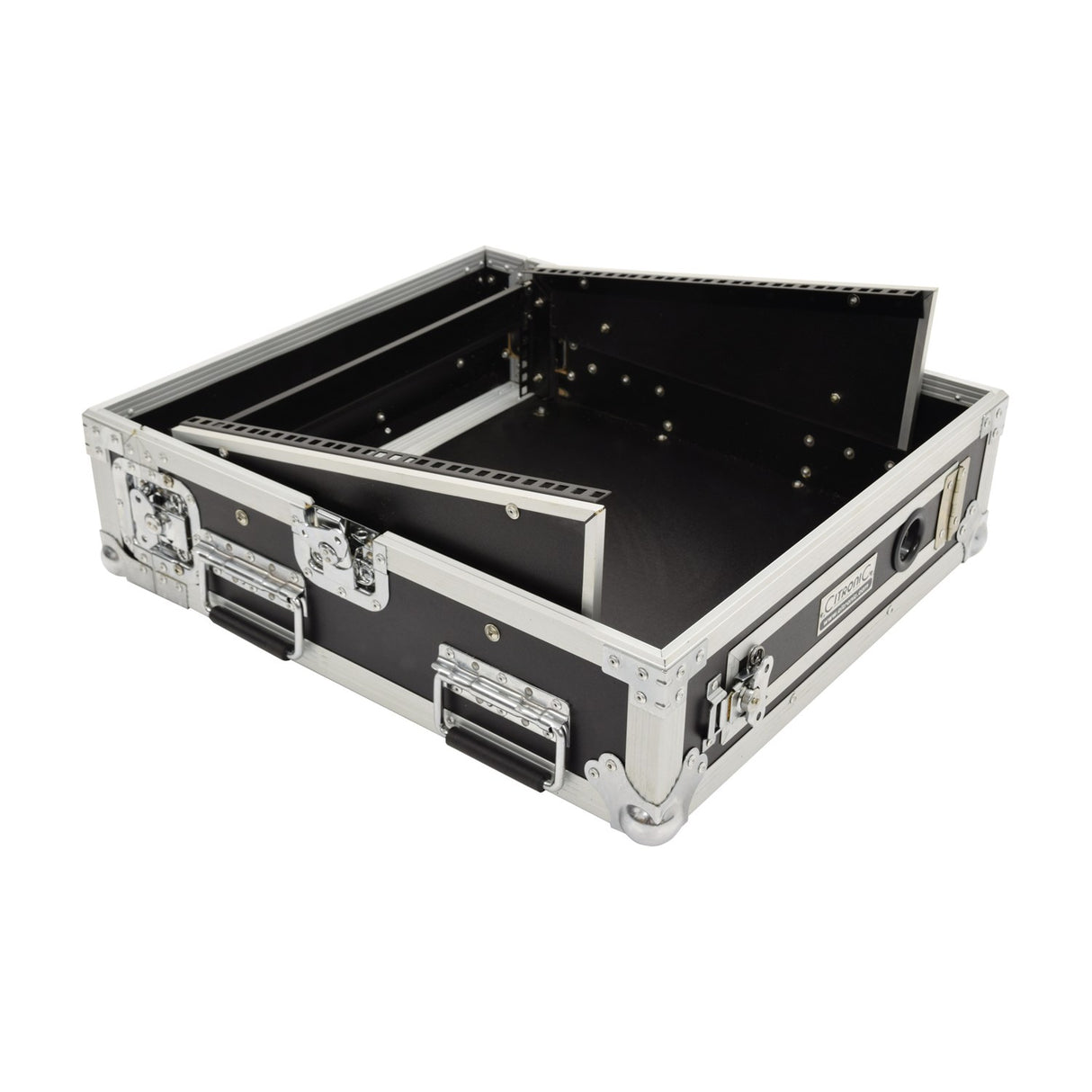 Citronic CASE10:2 19" rack flight case shown open with black panels, silver metal edges, chrome latches and handles on a white background.