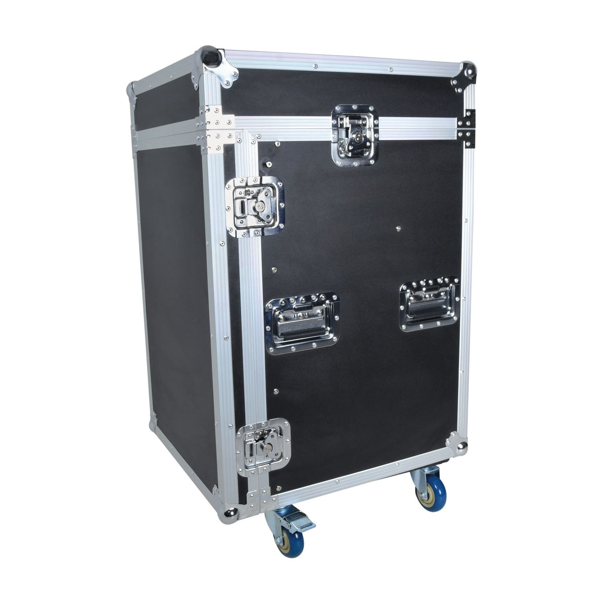 Citronic RACK:16UX 16U mobile 19" flight case in black with silver edging, chrome latches, side handles and fitted wheels on a white background.
