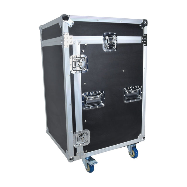 Citronic RACK:16UX 16U mobile 19" flight case in black with silver edging, chrome latches, side handles and fitted wheels on a white background.
