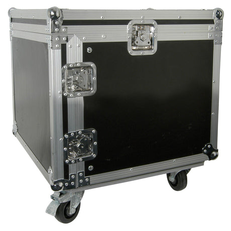 The Citronic 8U 19" Rack Case With Wheels is a durable black flight case featuring metal reinforcements and locks, expertly designed to safely transport your mixer rack or other mobile equipment.