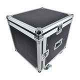 Citronic RACK:10X 10U 19" mobile rack case in black with aluminium edging, corner protectors, latches, side handle and wheels on a white background.