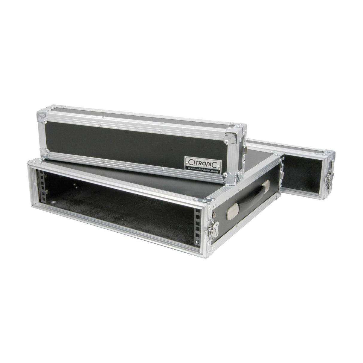 Citronic RACK:2U 19" flightcase shown open with removable front and rear lids, black vinyl body, silver corner protectors and side handle.