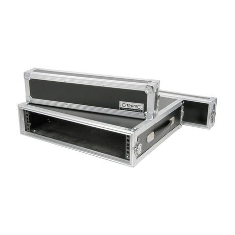Citronic RACK:2U 19" flightcase shown open with removable front and rear lids, black vinyl body, silver corner protectors and side handle.